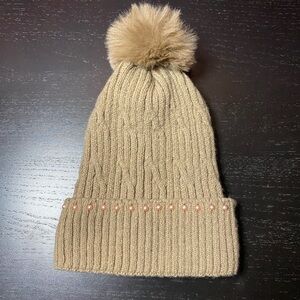 Cozy Tan Knit Pom-Pom Beanie